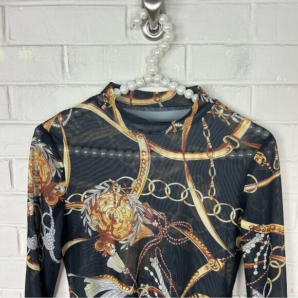 SHEIN Printed Mock Neck Mesh Sheer Long Sleeve Top Size XS - Picture 2 of 6